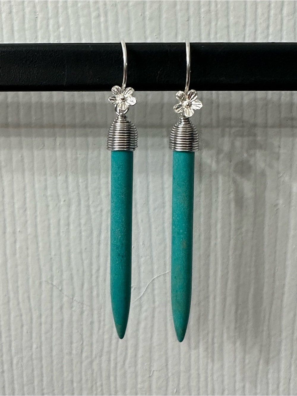 Sterling Silver Earrings Turquoise Spike Drop Earrings Flower Ear Hooks 2.75”